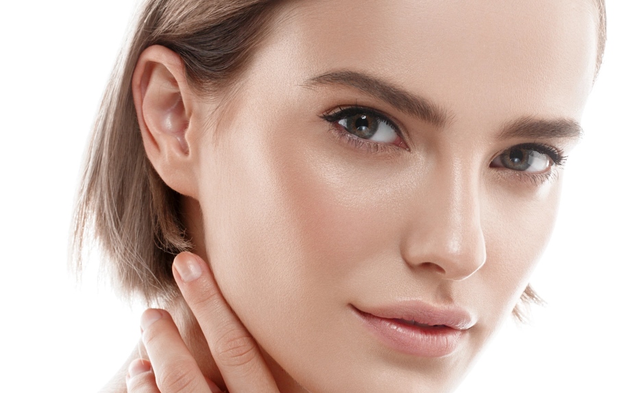Woman looking straight camera studio