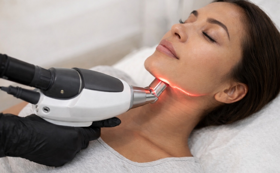 Woman doing tightsculping jawline treatment